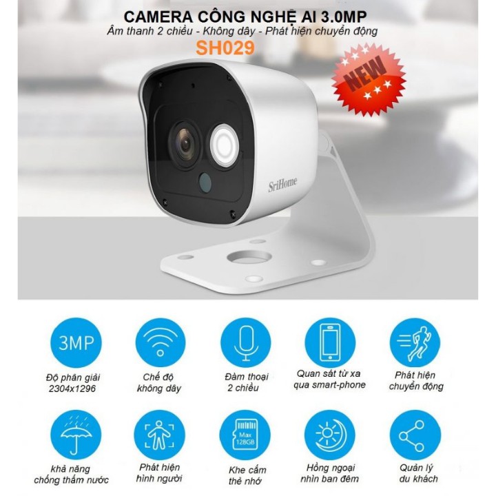 Camera wifi , Camera Srihome Sh029 , 3.0Mpx , chống nước ,  đàm thoại 2 chiều , phát hiện chuyển động , bảo hành 2 năm