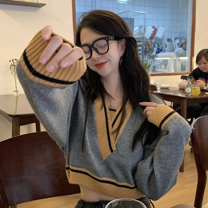 QADCOL Áo Dệt Kim Tay Dài Cổ Chữ V Phối Màu Tương Phản Thời Trang Retro Cho Nữ