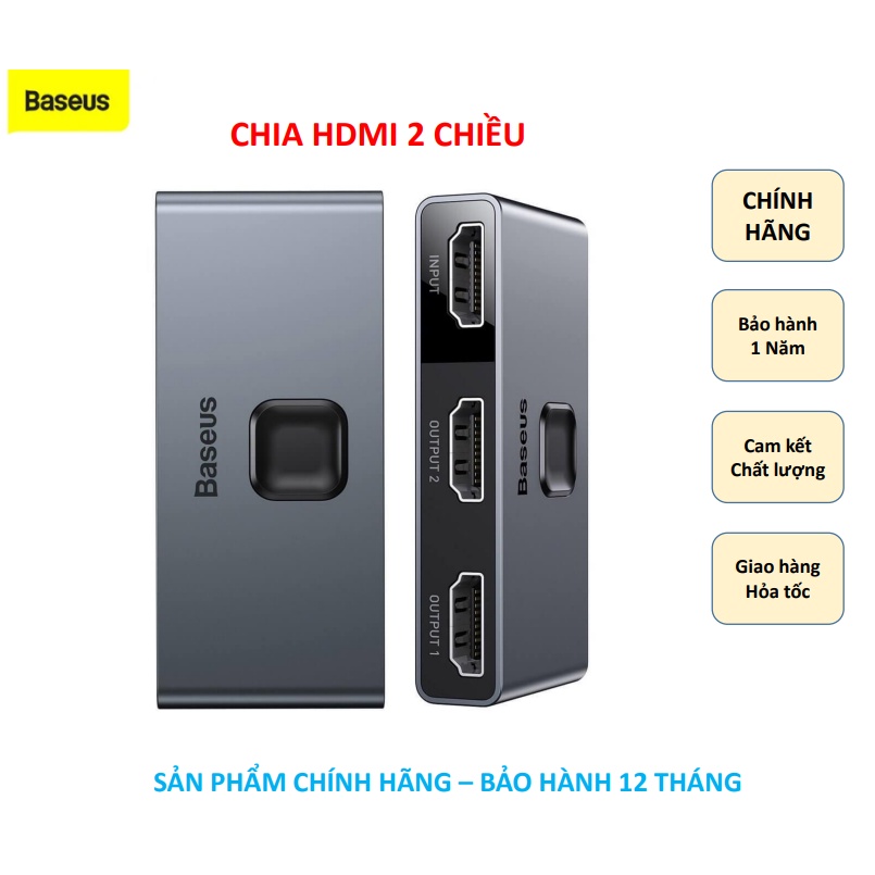 Baseus HDMI 2 chiều - Bộ chuyển đổi bộ chia HDMI 2x 4K / 30 Hz màu xám (CAHUB-BC0G) Cho Tivi , Laptop