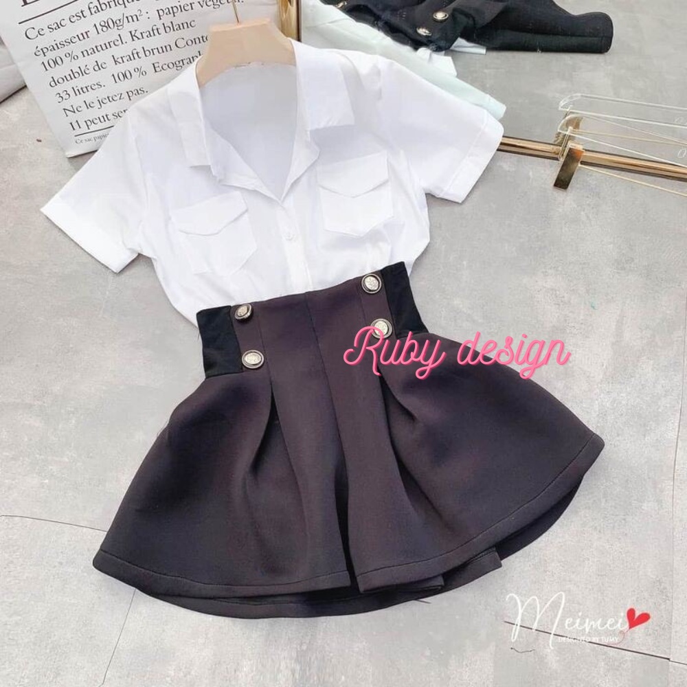 Áo sơ mi kiểu nữ áo sơ mi nữ màu trắng 2 túi ngực tay ngắn vải thô đẹp đi học đi chơi đi làm Ruby design