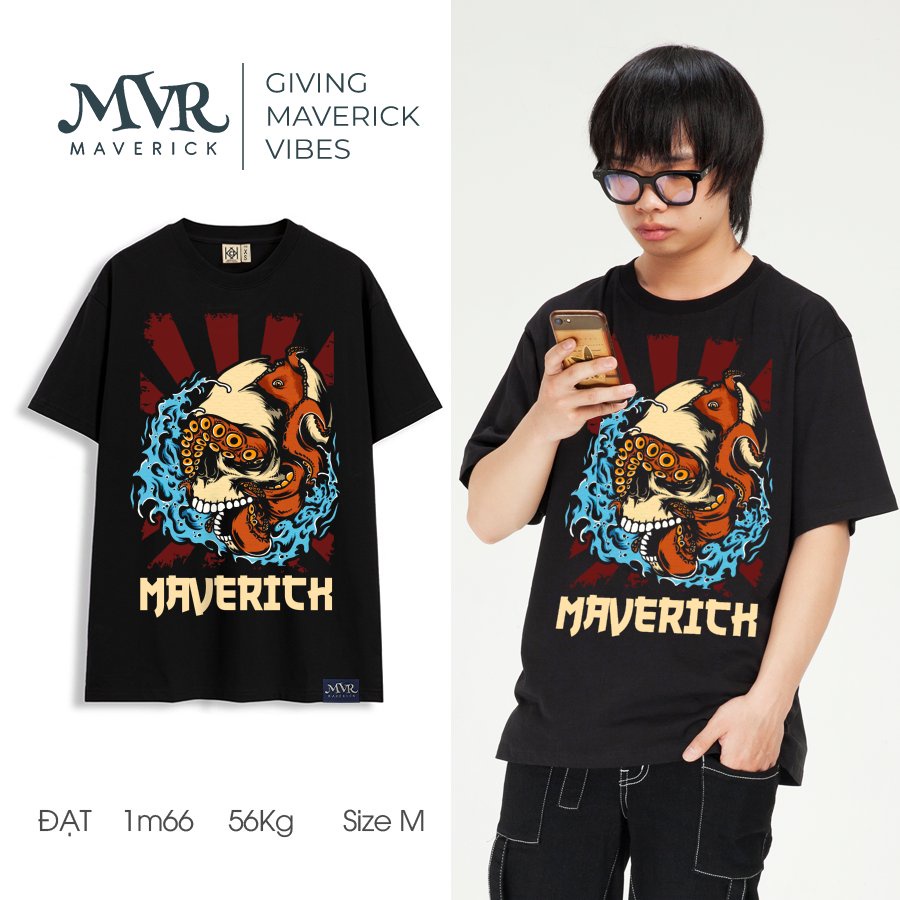 Áo thun đầu lâu bạch tuột Maverick nam nữ phong cách unisex size rộng tay lỡ localbrand MVR BB4316