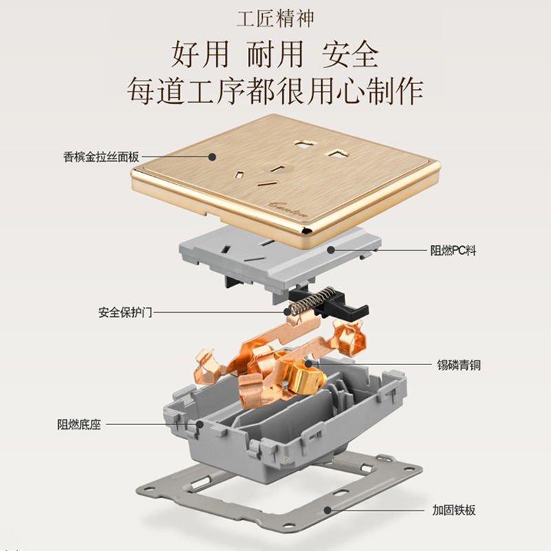 【ổ cắm】Bảng điều khiển công tắc sâm panh gia đình Loại 86 Bộ nguồn âm tường giấu kín được chải bằng