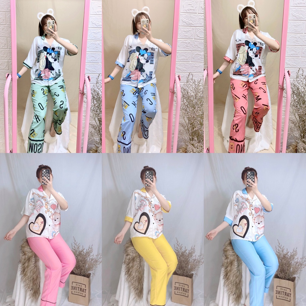set đồ bộ pijama tay lỡ quần dài kate lụa họa tiết mickey chữ H siêu xinh giành cho các bạn nữ freesize dưới 58k