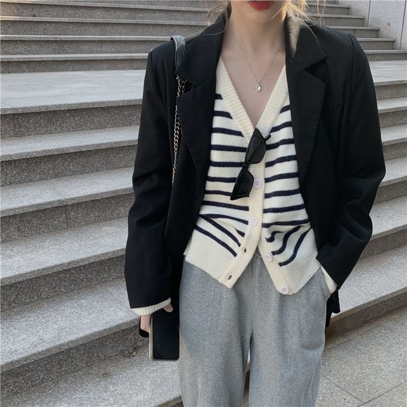 Áo khoác cardigan dệt kim mỏng dáng rộng kẻ sọc phong cách Hàn Quốc tùy chọn màu sắc xinh xắn cho nữ