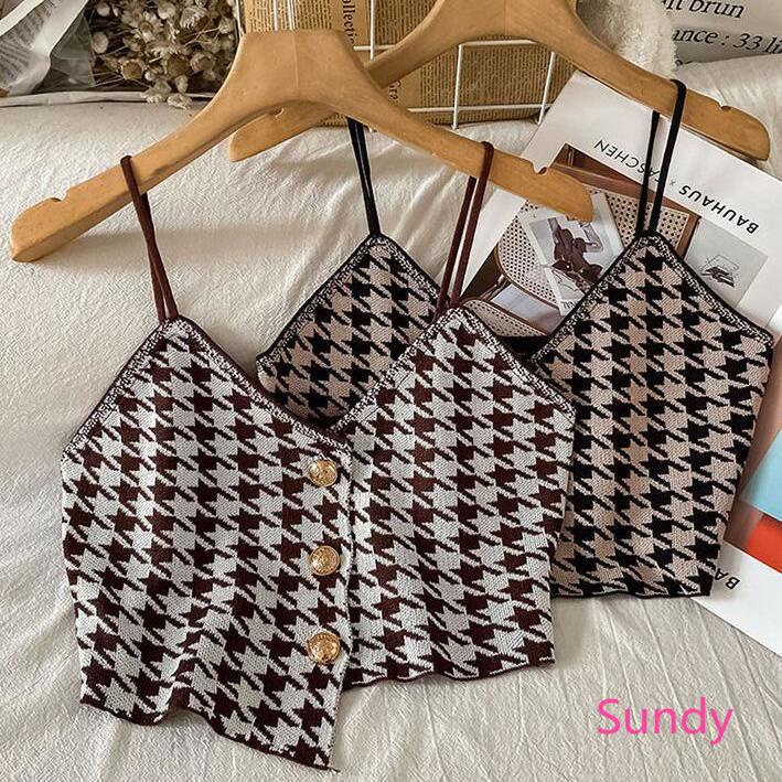 Áo Dệt Kim Hai Dây Sọc Ca Rô Thời Trang Mùa Hè Hàn Quốc Cho Nữ