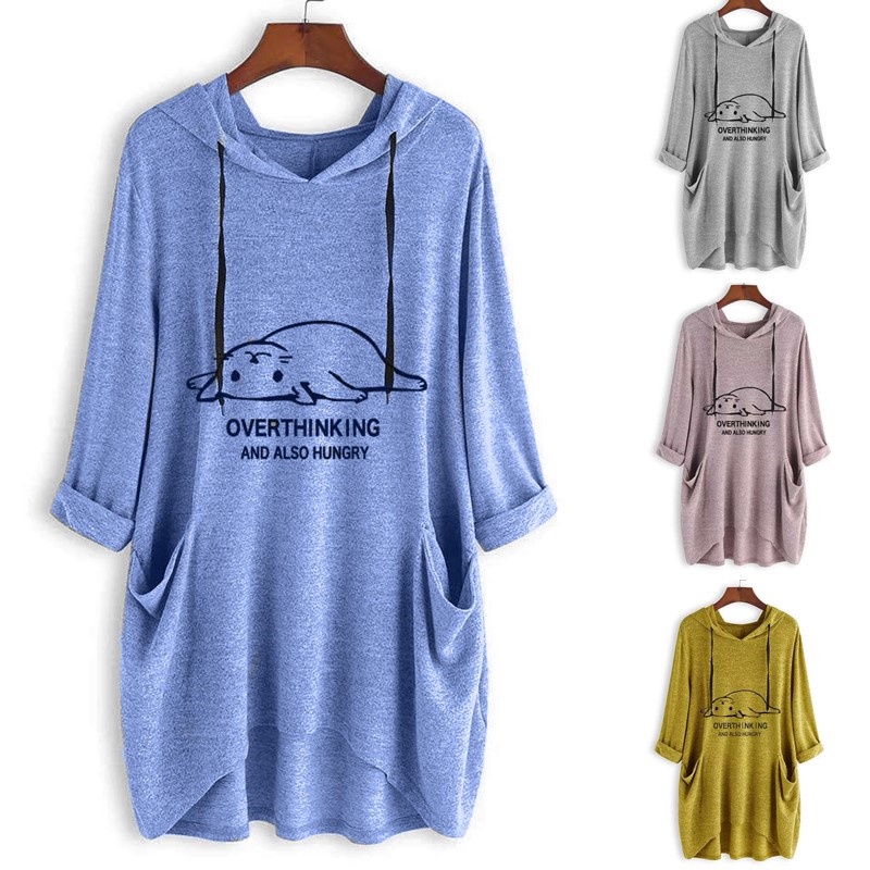 Đầm Hoodie Dệt Kim Tay Dài Dáng Rộng In Hình Mèo Đói Bất Đối Xứng Size S-5XL Mới
