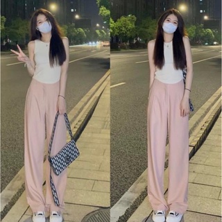Set áo thun ba lỗ sát nách nữ ôm kèm quần tây dài hồng ống suông - Order taobao quảng châu