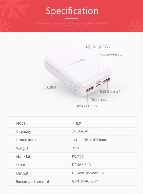 SẠC DỰ PHÒNG YOOBAO P10W 10.000 mAh- Hàng chính hãng