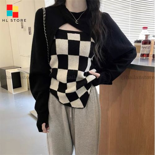 Set 2 áo gồm áo hai dây kẻ caro + áo khoác len tay dài màu trơn chất thun gân mỏng co giãn tốt phong cách Ulzzang