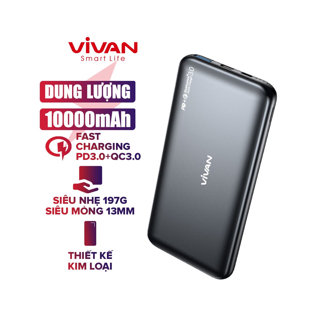 Pin Sạc Dự Phòng Chính Hãng 10000mAh VIVAN VPB-N10 20W Quick Charge PD/QC 3.0- 2Output