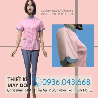 Đồng phục spa áo hồng quần ghi