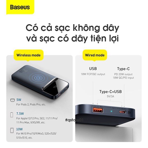 Sạc dự phòng không dây nam châm Baseus 10000mAh Sạc Nhanh 20W Cho Iphone PPCXW10