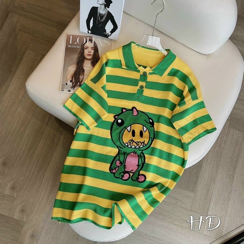 Váy polo nữ, Váy polo Montoghi khủng long kẻ pha xanh vàng form rộng giấu quần hàng QC