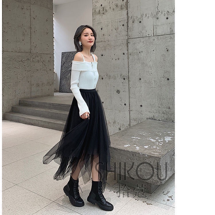Chân Váy Lưới Dài Vừa Eo Cao Màu Đen Thời Trang Thu Đông Dành Cho Nữ