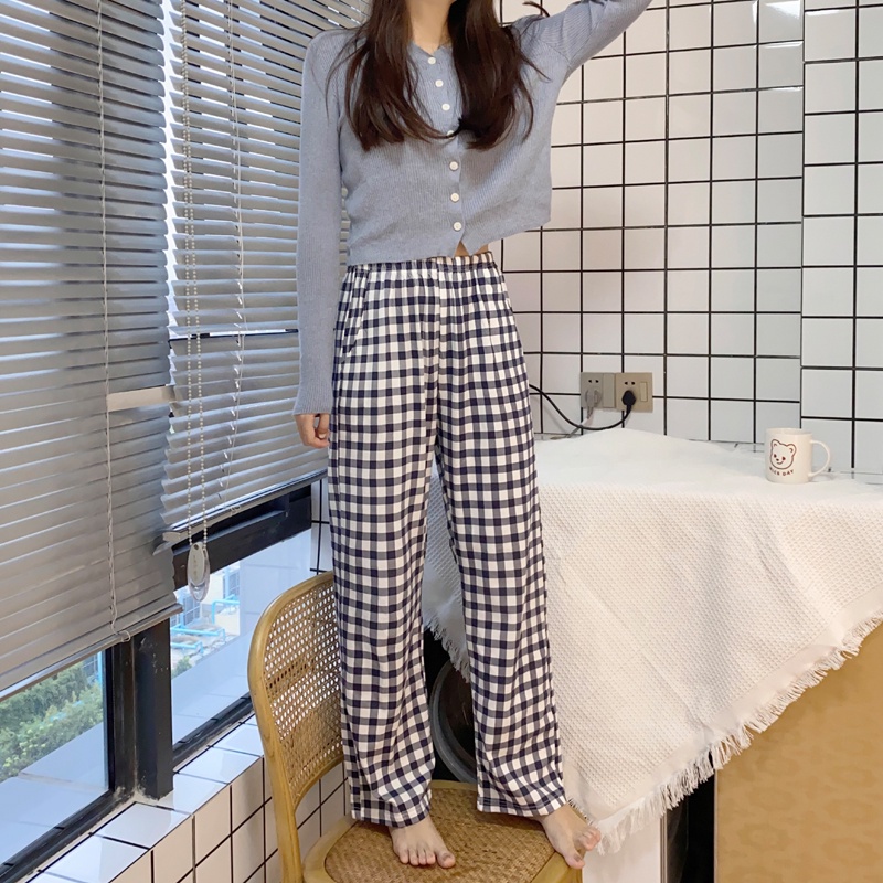 Quần Ngủ Cotton Dáng Rộng Họa Tiết Sọc Caro Phong Cách Hàn Quốc Thời Trang Cho Nữ