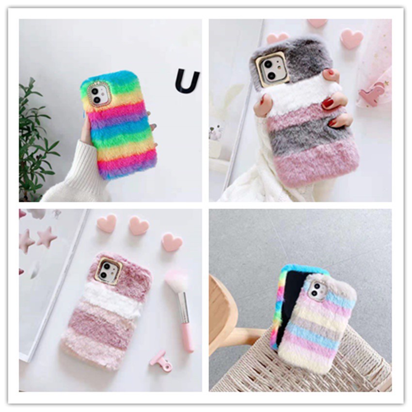 Ốp Điện Thoại Phối Lông Họa Tiết Sọc Cầu Vồng Cho Samsung Galaxy F62 M62 A02 A02S EU A72 A52 A32 A12 F12 S30 S21 Plus Ultra 5G 4G