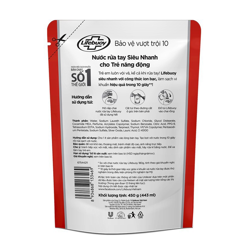Nước rửa tay Lifebuoy Bảo vệ vượt trội (Đỏ) Túi 450g