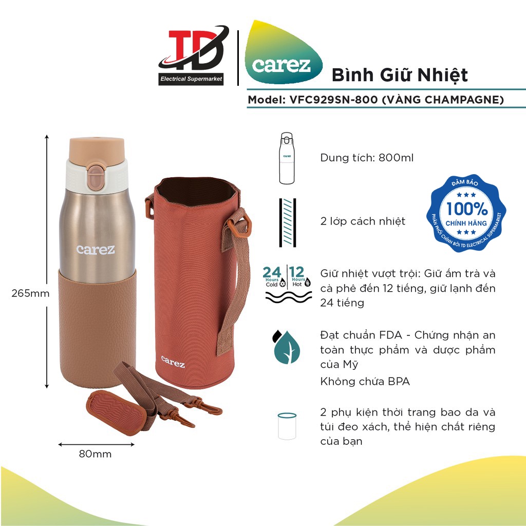 Bình giữ nhiệt Cao cấp CAREZ Công nghệ Superlight siêu nhẹ 800ML Tặng kèm túi màu nâu đồng VFC929SN-800