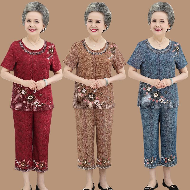 Bộ đồ bà già mùa hè 70-80 tuổi ngoại áo phông ngắn tay