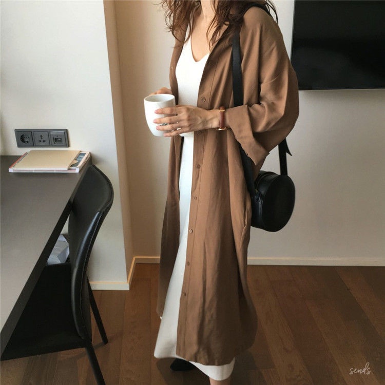 Đầm Sơ Mi Tay Dài Dáng Rộng Buộc Dây Eo Phong Cách Hàn Quốc Thời Trang Mùa Thu Mới Cho Nữ