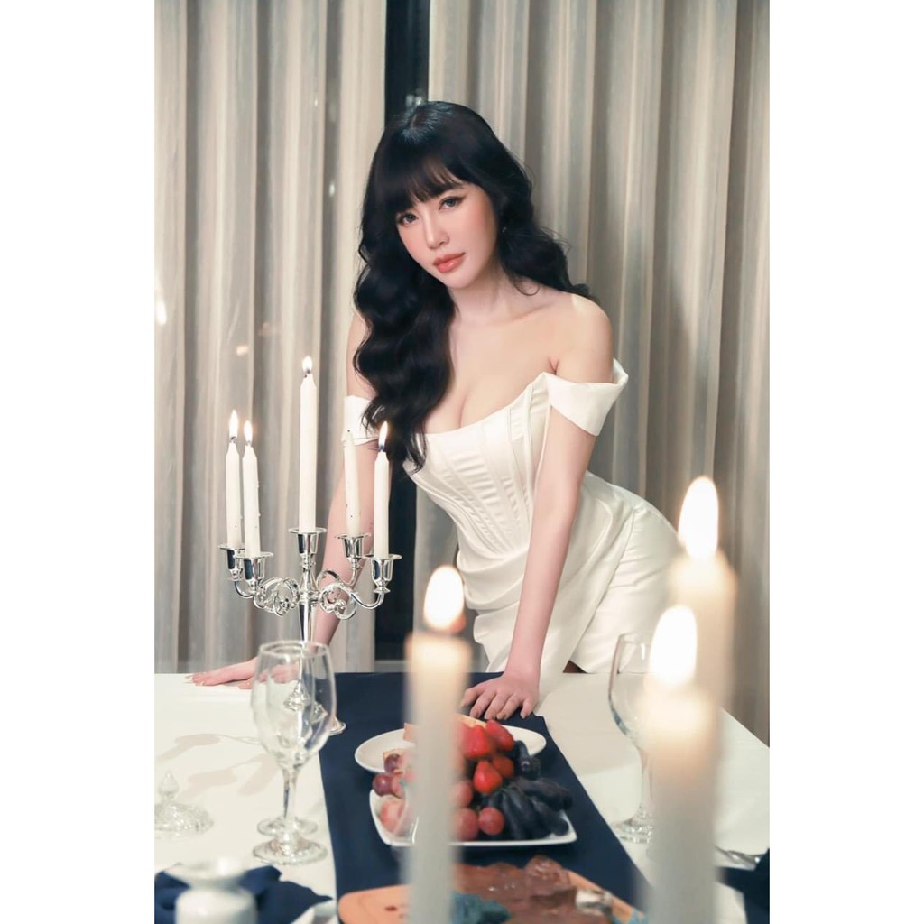 Đầm dạ hội hở vai ngang xếp ly bụng (HÀNG CAO CẤP) kèm hình thật