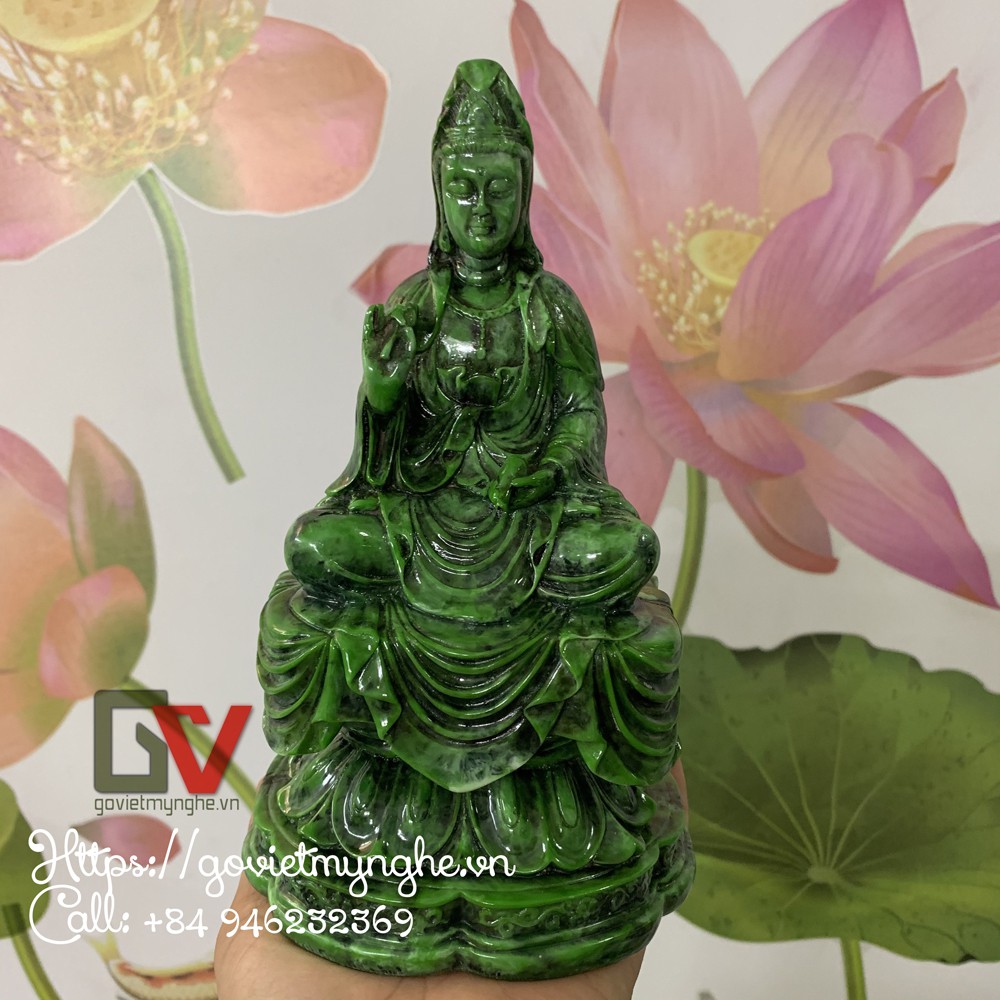 Tượng đá Phật Bà Quan Thế Âm Bồ Tát ngồi tòa sen - Chiều cao 20cm - Màu xanh lục bích