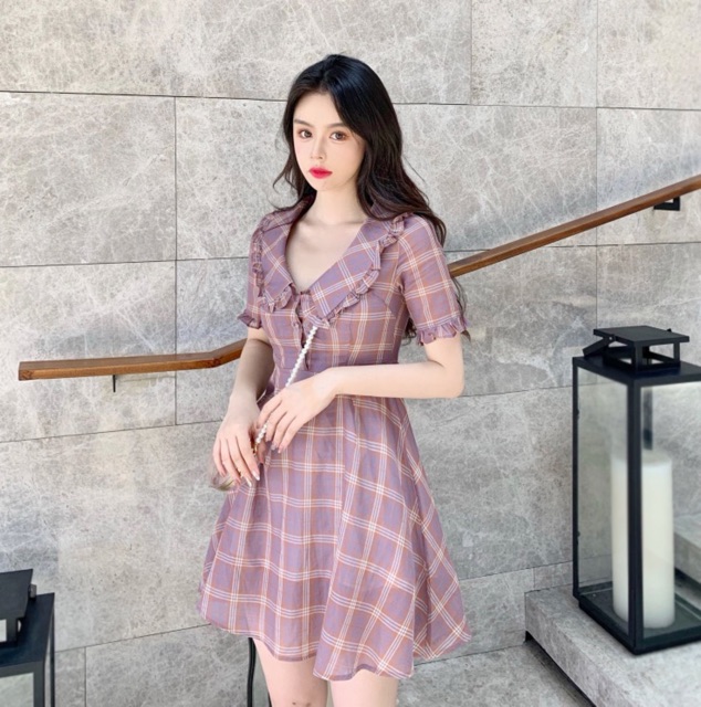 D16 - ĐẦM BIGSIZE CARO DÁNG XÒE CỔ SEN