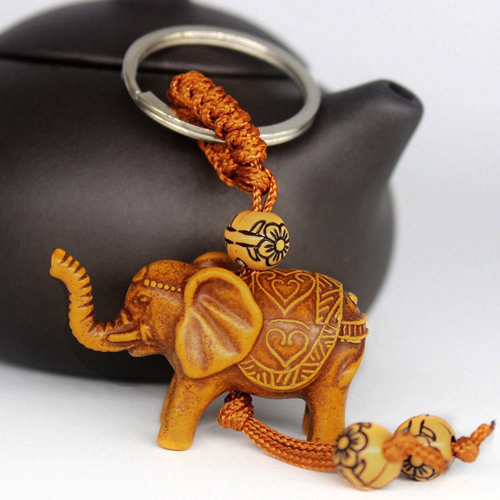 Cod Qipin Simple Lucky Elephant Carving Wooden Pendant Keychain Key Ring Chain Evil Defends Gift
