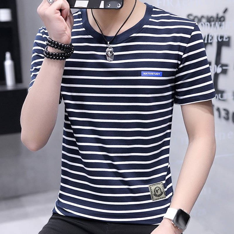 Áo Phông Ngắn Tay Cổ Tròn Mẫu Mới Áo Phông Nam Ngắn Tay Kẻ Sọc Nam thanh thiếu niên dễ phối đồ phong cách Hàn Quốc