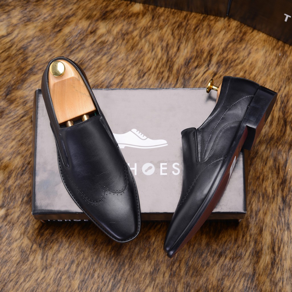 Giày da nam Wingtip Loafer mũi nhọn màu đen