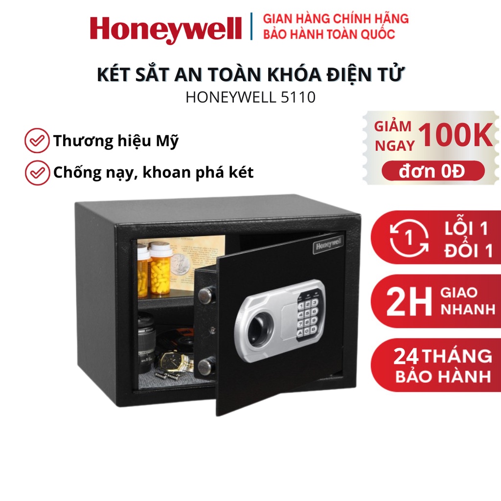 Két sắt mini an toàn khóa điện tử HONEYWELL 5110 (Mỹ), độ bảo mật cao có lỗ bắt vít tưởng, Bảo hành chính hãng 2 năm