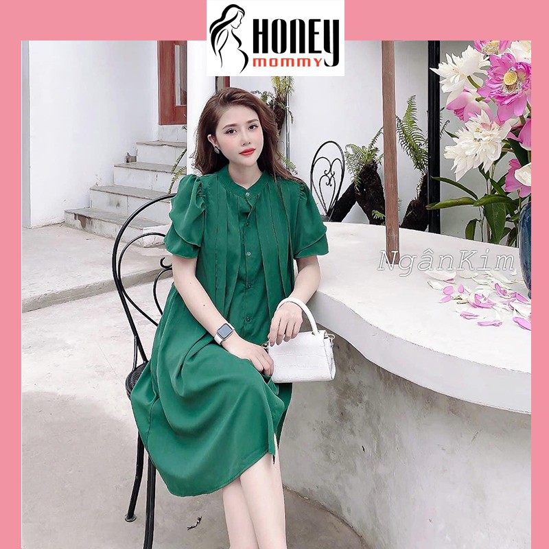 Váy Bầu Sơ Mi Cổ Tàu Xếp Ly Dáng Suông Công Sở Đầm Bầu Hè Ngắn Tay Đi Làm HD2626 Honey Mommy