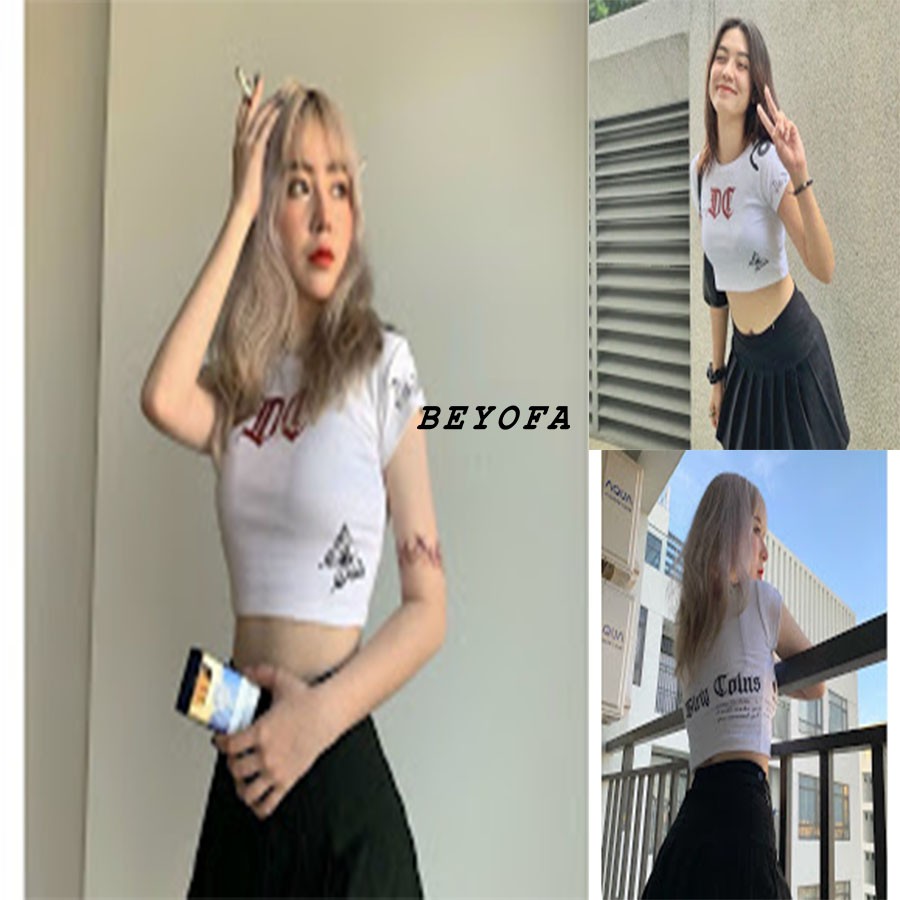 Áo CropTop Nữ Kiểu Bó Ôm Body In Hình Bướm Chữ DG - Áo Dáng Ngắn Cộc Tay Nữ