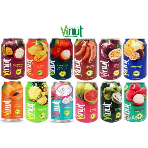 Nước ép trái cây (Thơm, vải, chôm chôm, đu đủ, dâu, cam, ổi, xoài) Vinut đóng lon 330ml