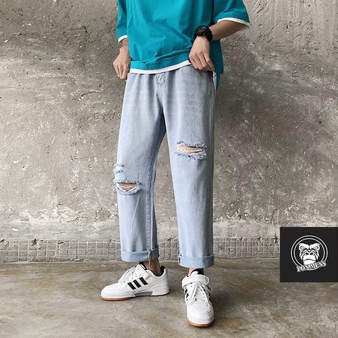 Quần jean baggy nam nữ ống rộng rách gối xanh nhạt 2020 | BigBuy360 - bigbuy360.vn