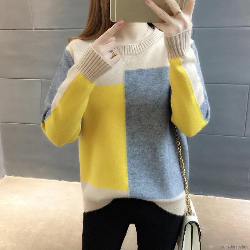 Áo Sweater dệt kim tay dài thiết kế màu tương phản cho phái nữ