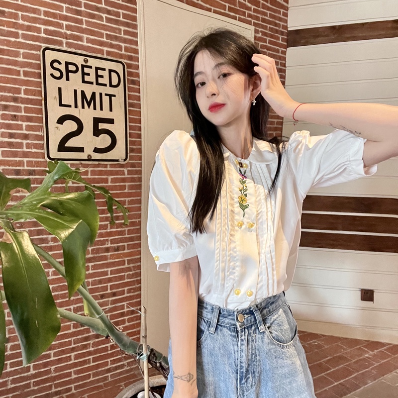 Áo Sơ Mi Ngắn Tay Cổ Búp Bê Thêu Họa Tiết Thời Trang Cho Nữ