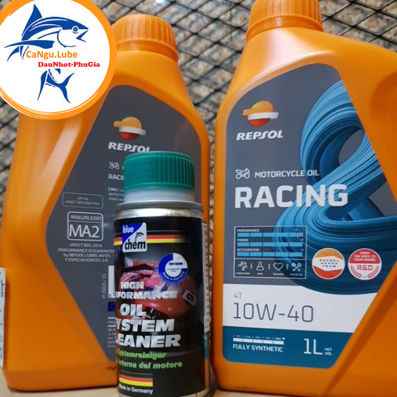 Combo, nhớt repsol racing 10w40, nhớt cao cấp tặng kèm súc động cơ bluchem
