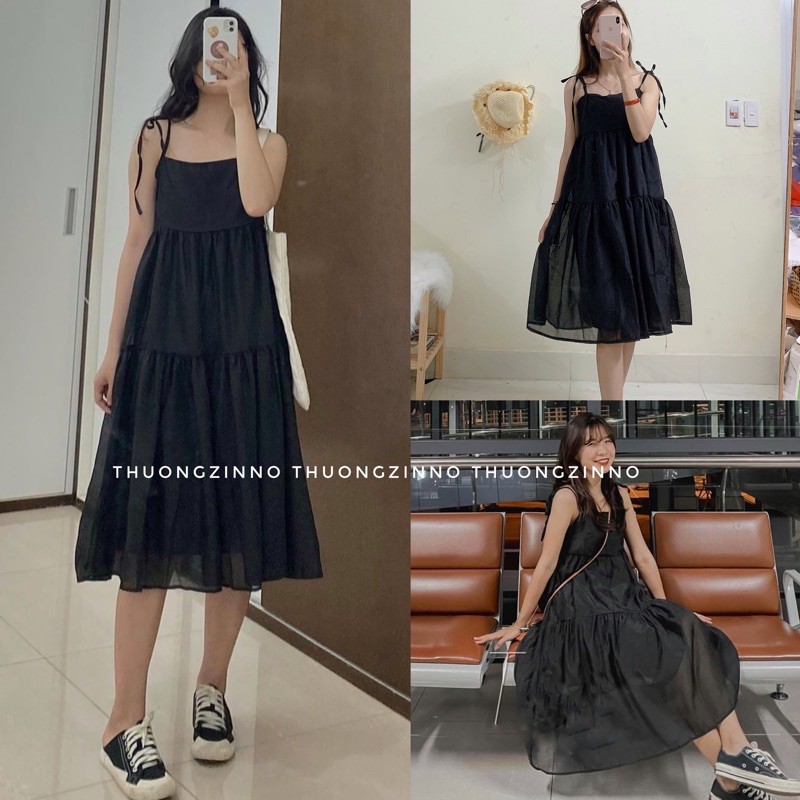 [Ảnh thật/Video]Váy hai dây dáng babydoll voan kính bồng bềnh có dây buộc nơ vai