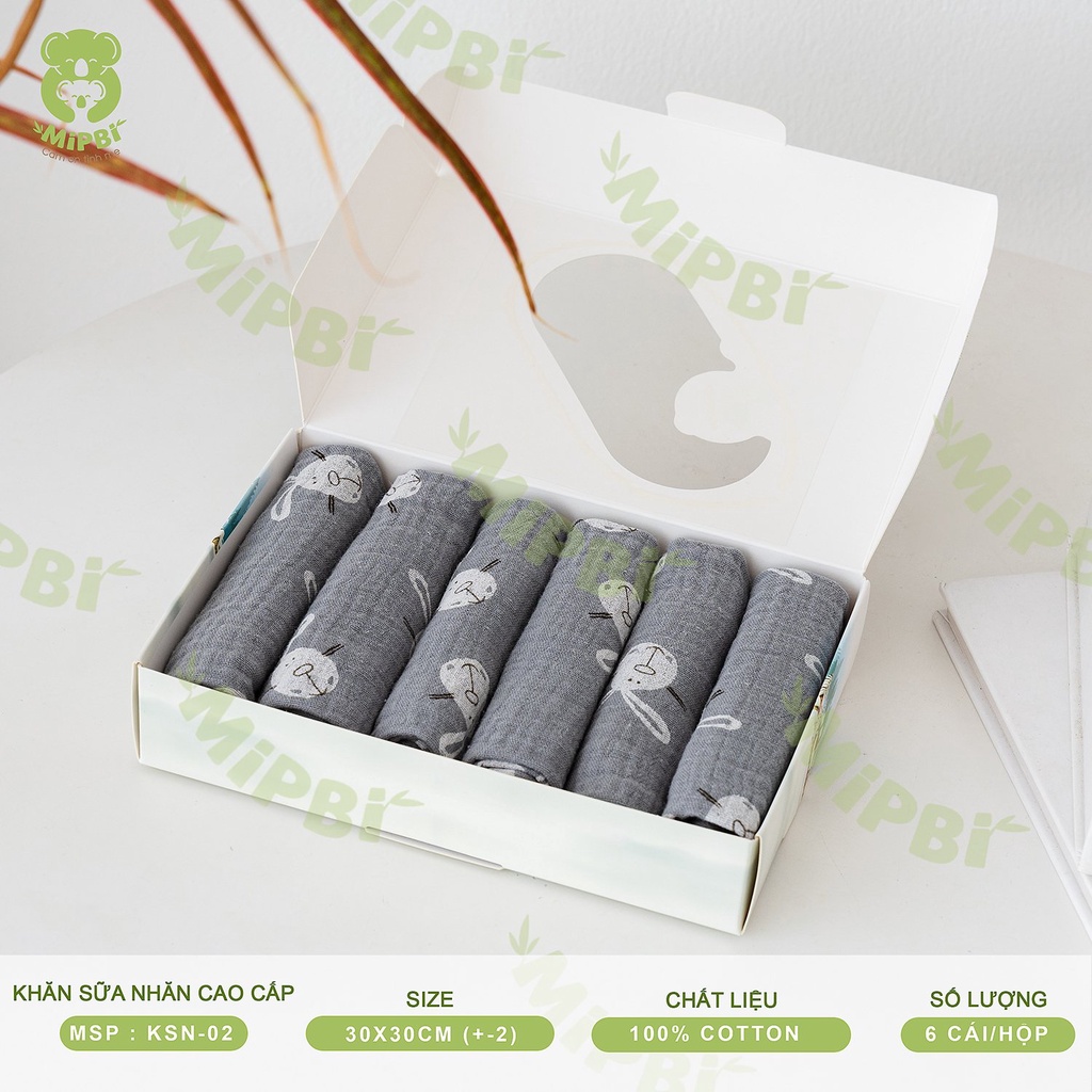Hộp 6 chiếc khăn sữa nhăn Mipbi 2 lớp cao cấp 100% từ sợi tre kt 30x30 cm