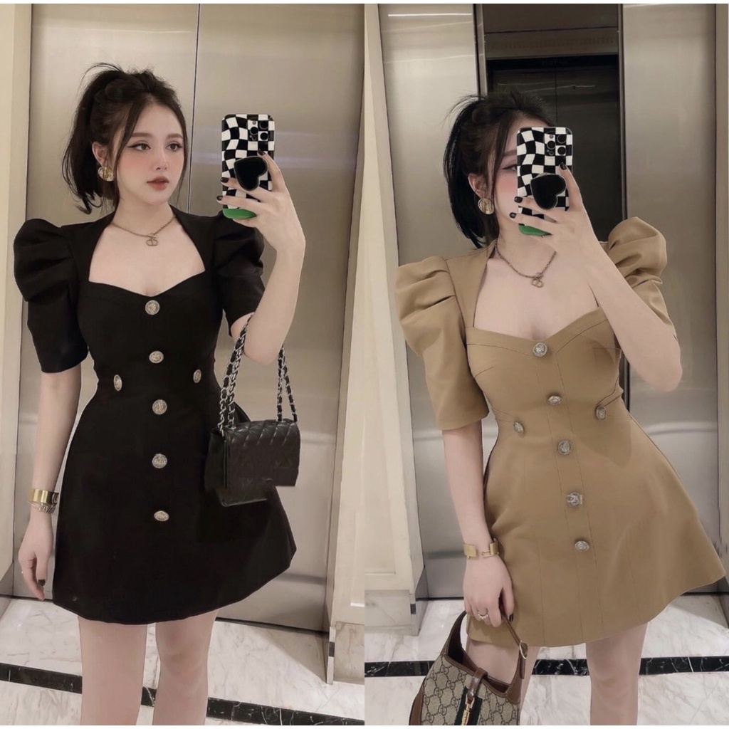 Váy nữ cổ vuông,váy chữ A hàng nút, tay ngắn dịu dàng cho nàng dạo phố,thời trang nữ STCothing