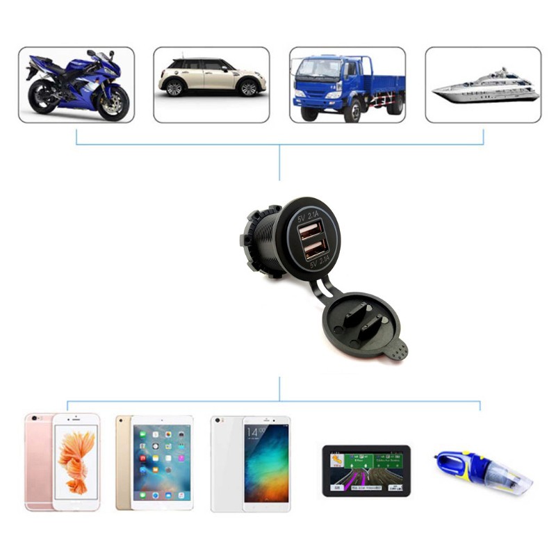 Củ Sạc Trên Xe Hơi 12v / 24v Dual Usb 2.1a Cho Iphone Ipad Điện Thoại Gps loa bluetooth