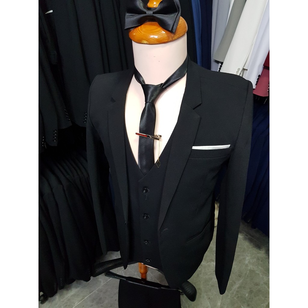 Combo Bộ vest nam ôm body màu đen chất vải dày mịn co giãn (áo vest + áo gile + quần + cà vạt + nơ)