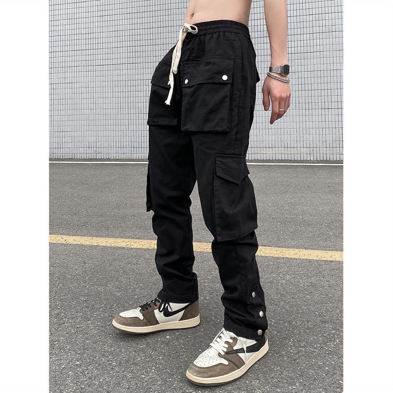 Cargo Pants - Quần Cargo Đen Bấm Nút Ống lưng chun unisex