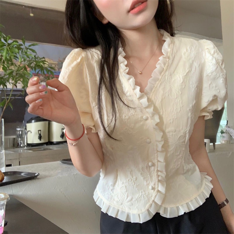 Áo Kiểu Tay Phồng Cổ Chữ V Thiết Kế Mới Thời Trang Mùa Hè Theo Phong Cách Pháp Dành Cho Nữ