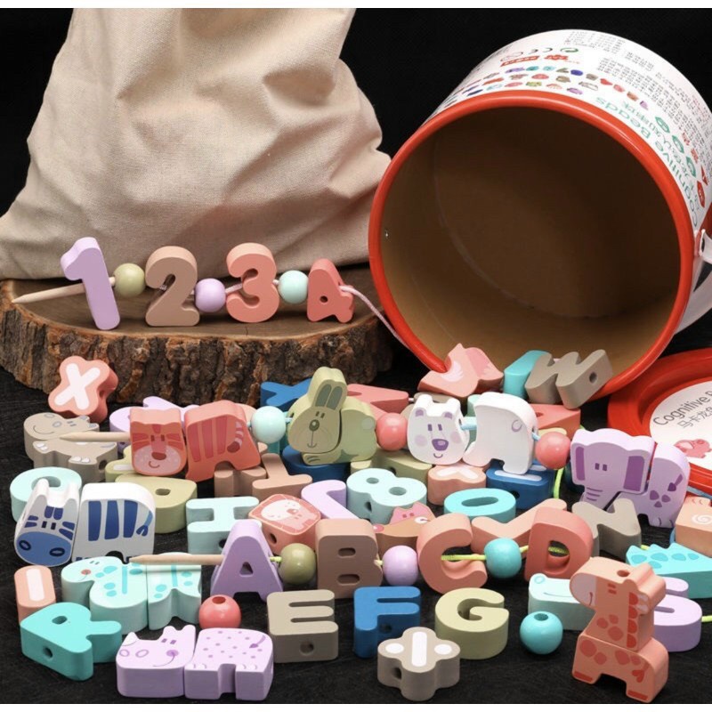 Đồ chơi ghép hình gỗ 68 chi tiết, bộ hình xâu chuỗi số và chữ giáo dục sớm cho trẻ