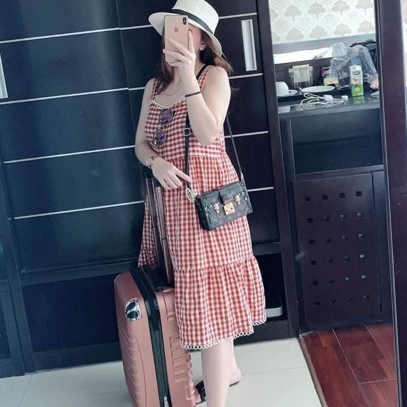 Váy bầu 2 dây kẻ viền ren xích Xuân Hè Thu - 𝐕𝟓𝟎