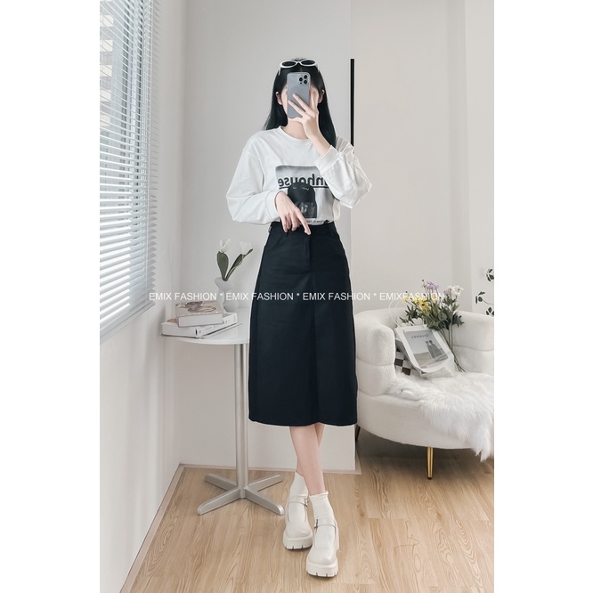Chân váy jean chữ A EMIX, midi xẻ sau dáng dài, cạp cao, chất jeans mềm 6701