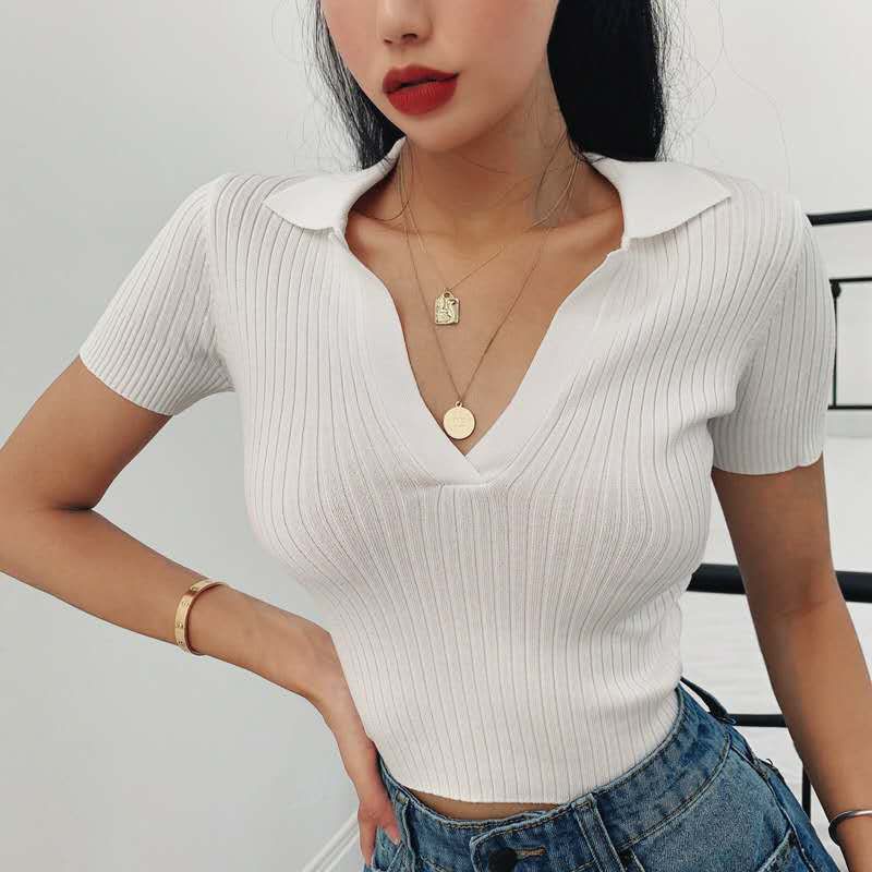 Áo thun POLO dệt kim tay ngắn cổ chữ V phong cách retro | BigBuy360 - bigbuy360.vn