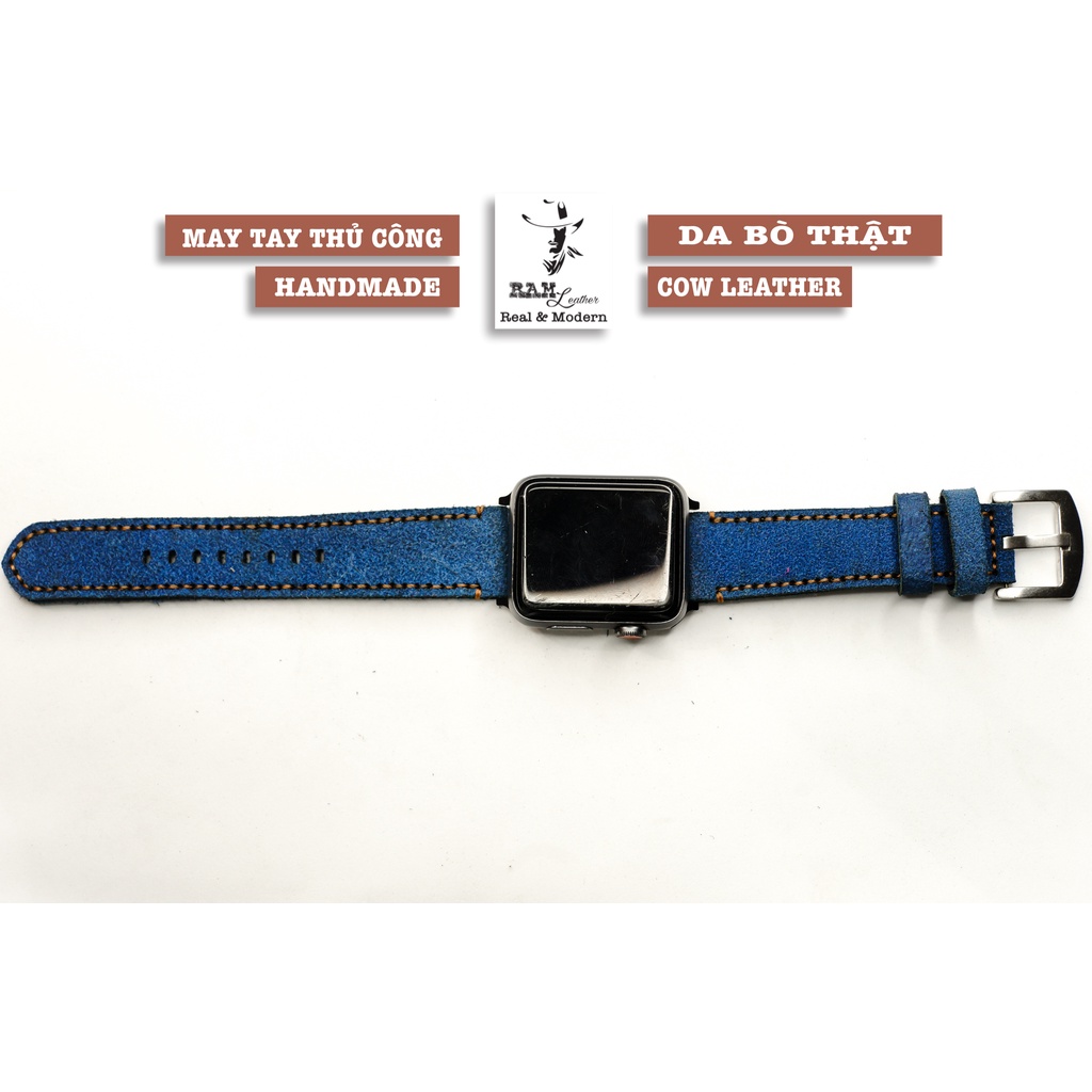Dây apple watch da bò xanh coban handmade bền chắc cực đẹp cực đẹp RAM Leather 1963 - tặng khóa chốt và adapter